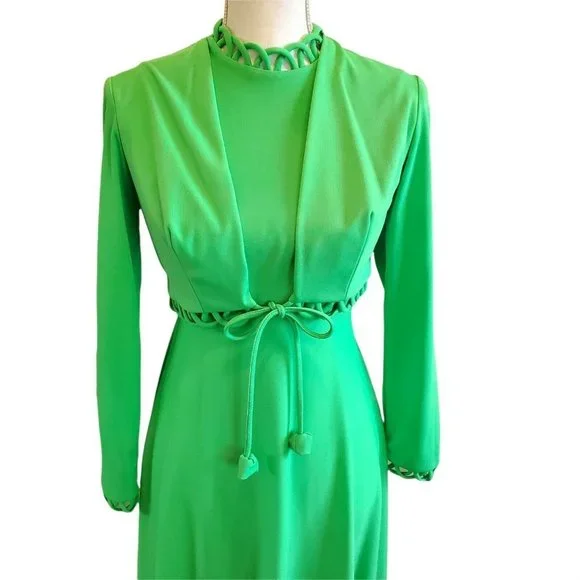Vintage 70s 2‎ Piece Dress Set Green Polyester High Neck Floor Length Sz Small - Picture 6 of 12